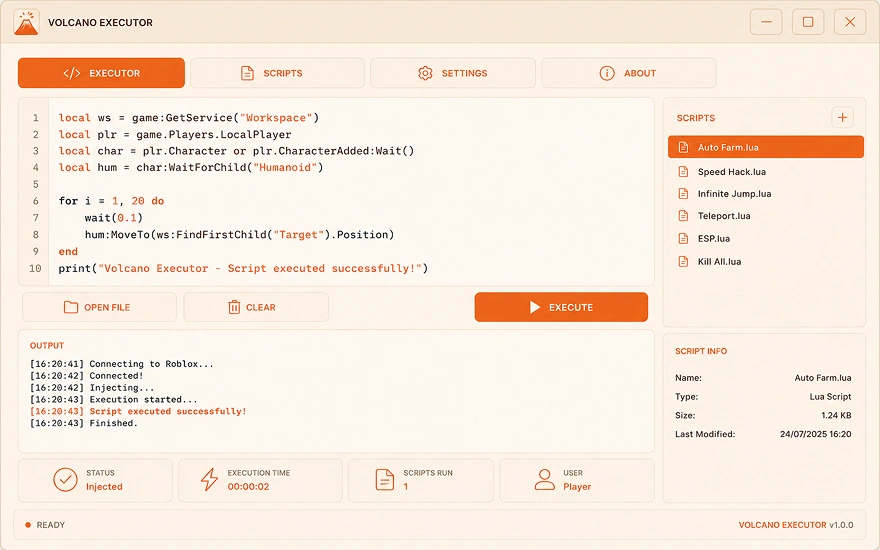 Volcano Executor Interface — script execution panel